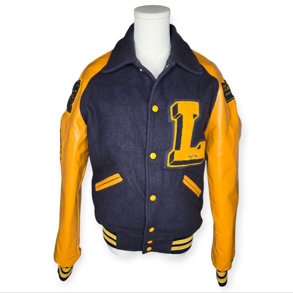 Balfour Varsity Letter Jacket Small 20” P2P Navy Gold Viking Swimming